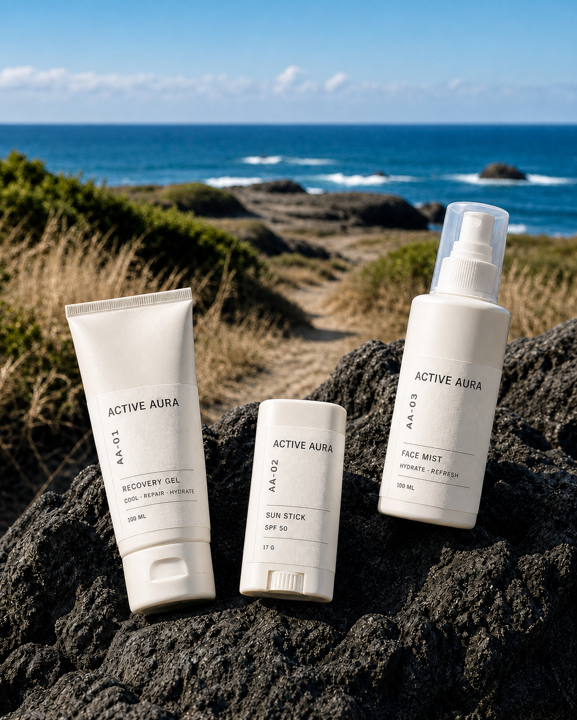 Active Aura outdoor skincare collection in off-white packaging