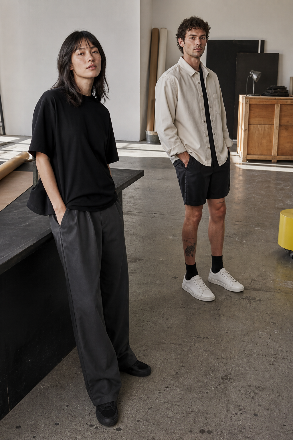 Business As Usual apparel campaign in a working studio