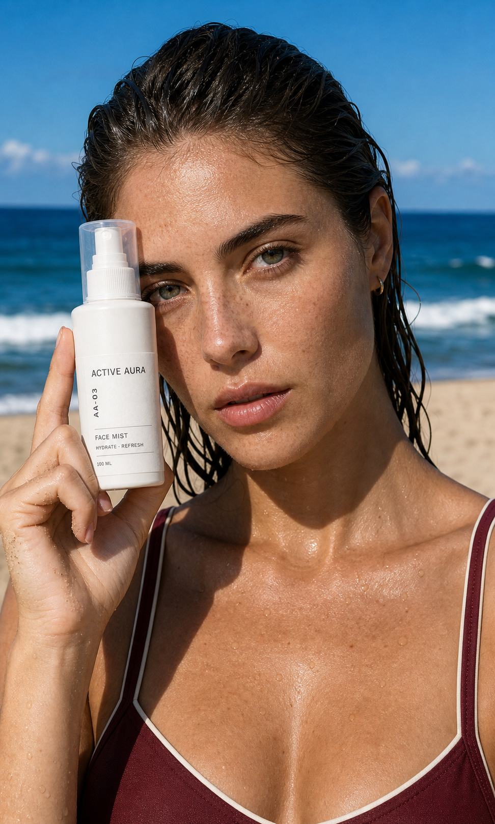 Active Aura beach model holding the Face Mist beside her face